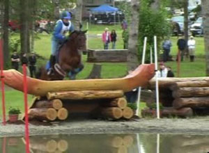 horse jumping over a water jump
